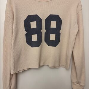 Edikted Beige Waffle Knit Sweater with Dark Blue Number